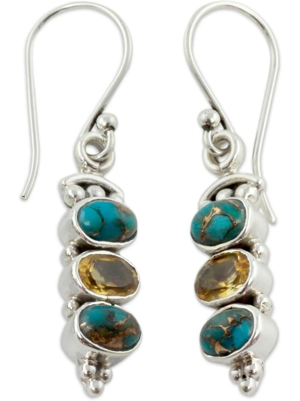Handmade Citrine & Turquoise Dangle Earrings | Sterling Silver | Birthstone